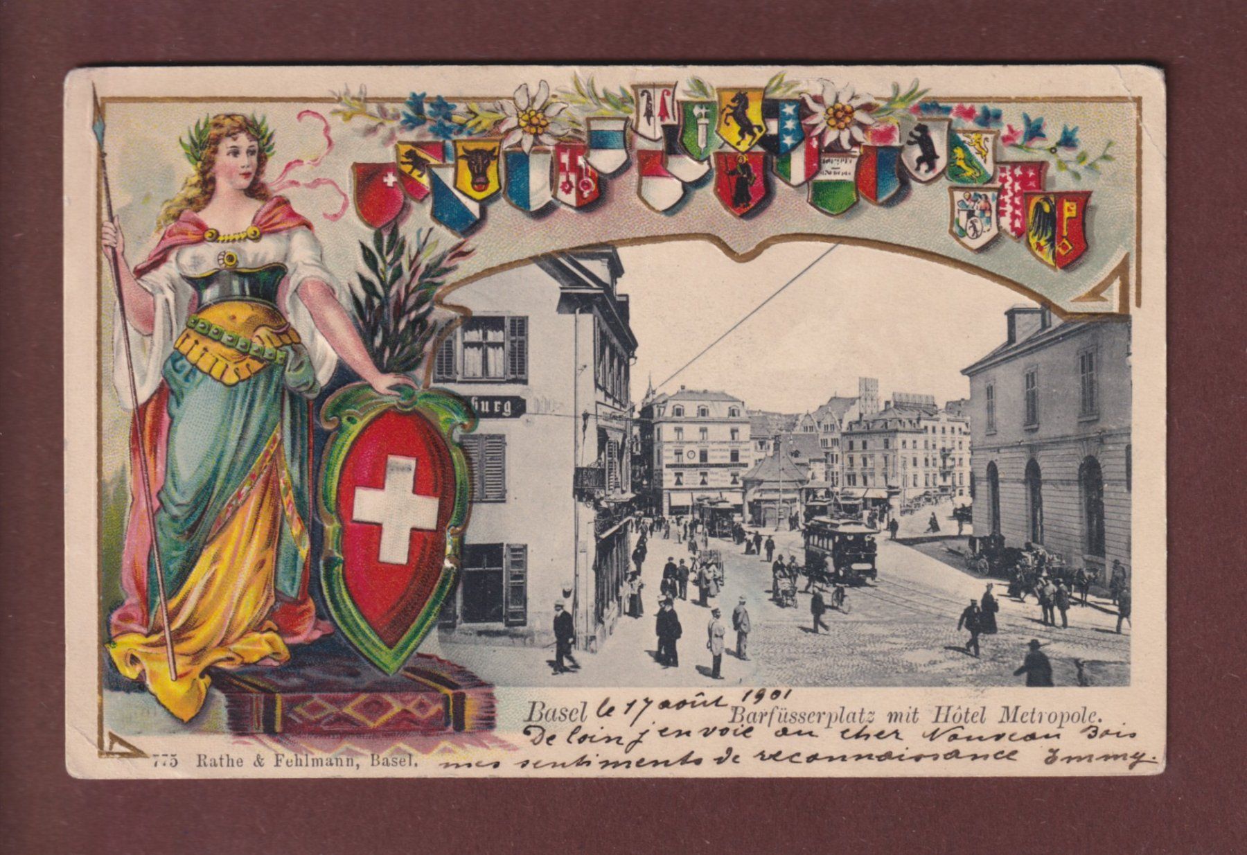 Cartoline postali: BASEL - Barfüsserplatz - Kantone - 1901 Präge // Eckbüge // – Usato da Pully venduto da nicecards