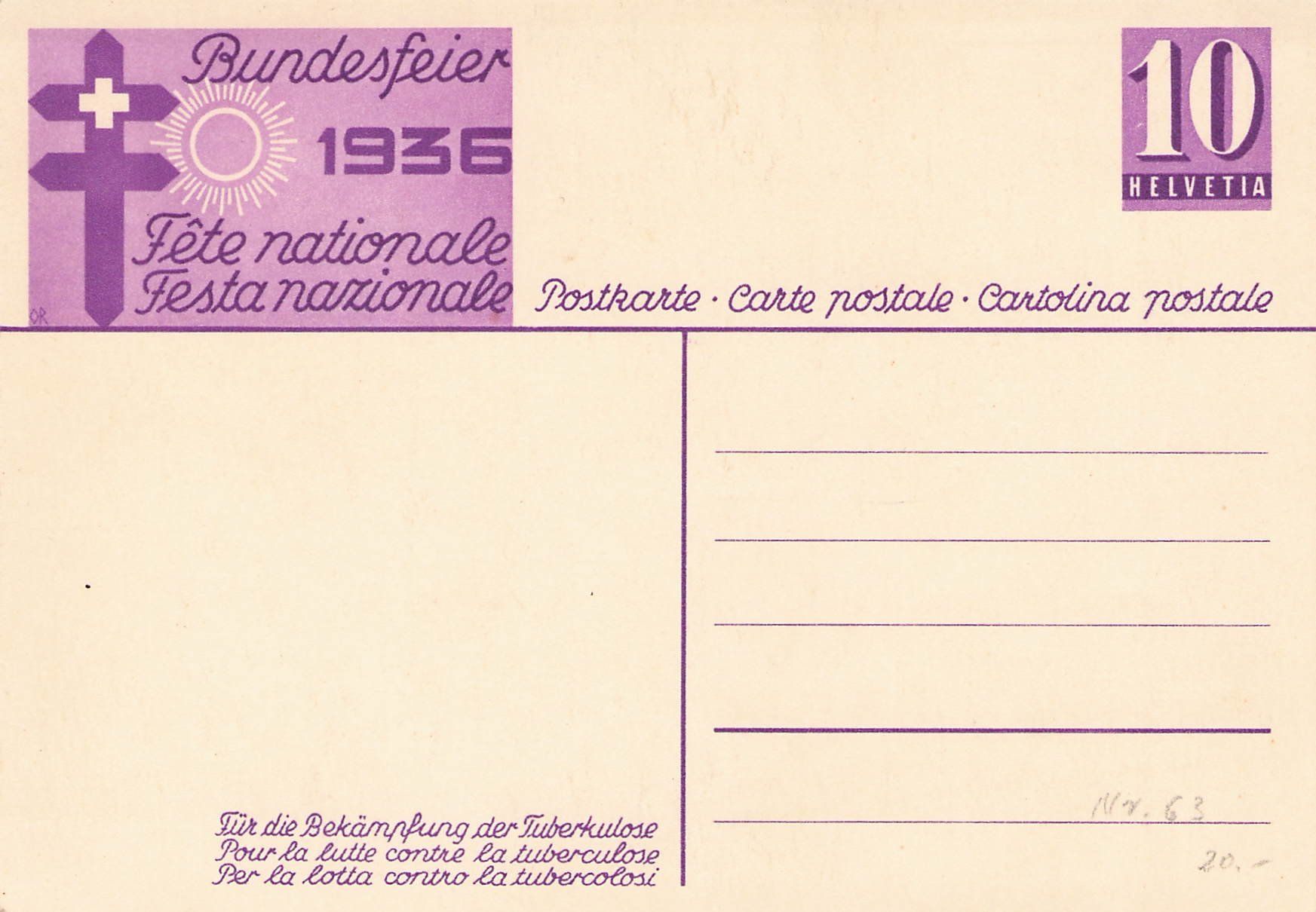 Tutti i francobolli: Bundesfeierkarte Nr. 63 – Usato da Reichenburg venduto da Pipo-67 1