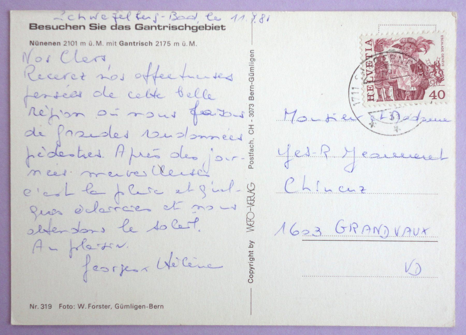 Cartoline postali: Nünenen 2101 m ü.M. mit Gantrisch – Usato da Fétigny venduto da Billy2miny 1
