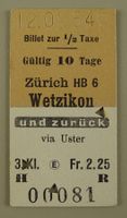BILLET, FAHRKARTE ZÜRICH WETZIKON 1954 3. KL.