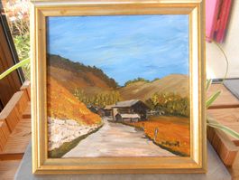 huile sur toile paysage Evolène signée 25x25 cm.