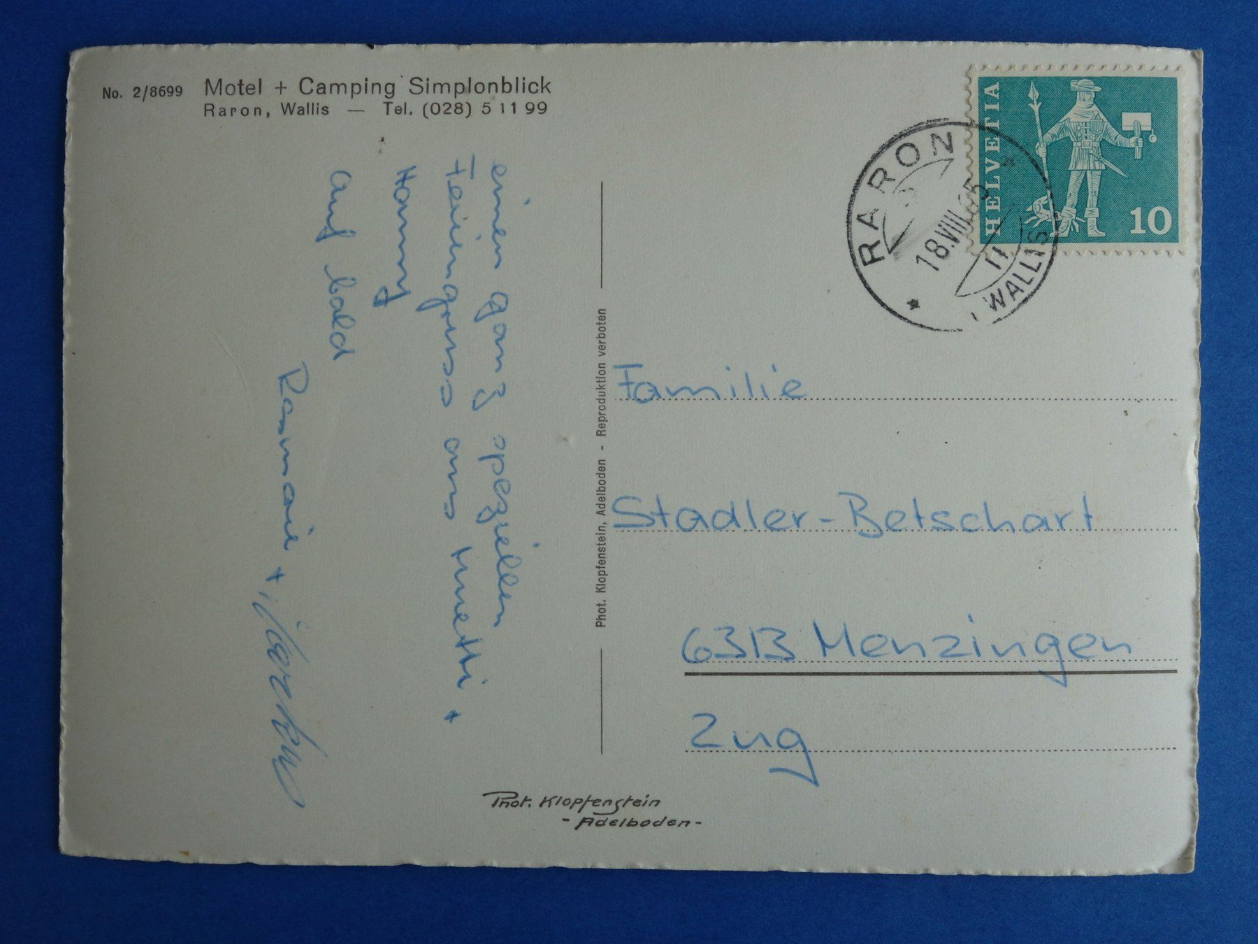 Cartoline postali: RARON - Camping Simplonblick - 1965 – Usato da Ibach venduto da Ibanto 2