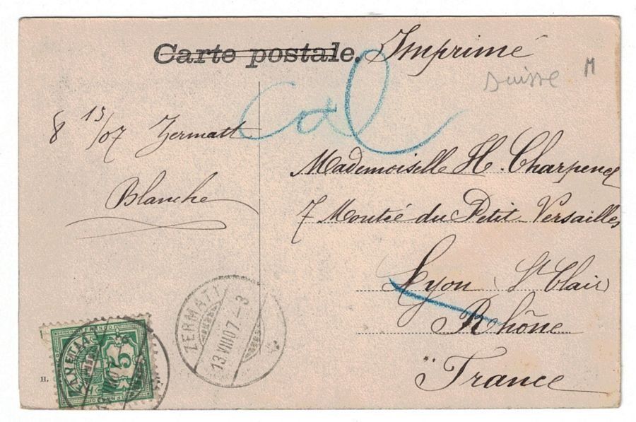 Cartoline postali: Zermattertal, gelaufen 1907 – Usato da Frauenfeld venduto da POML 1