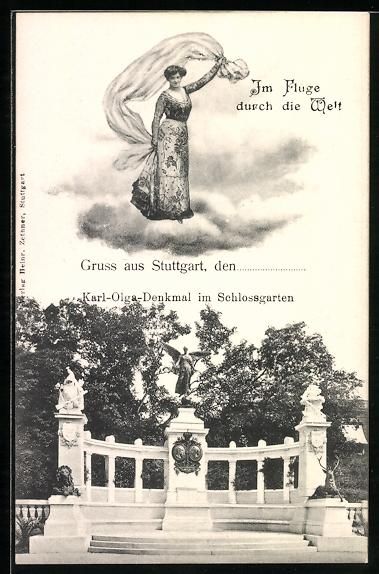 Cartoline postali: Stuttgart, Fliegende Dame über dem Karl – Usato da Berlin venduto da bartko-reher