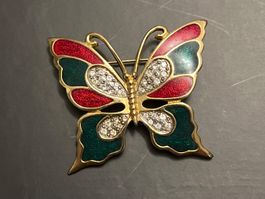 Vintage Brosche Schmetterling Rot/Grün mit Strass 🦋✨ (50)