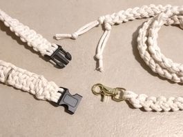 Hunde Set - Halsband & Leine, Baumwolle, weiss/beige - NEU
