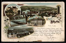 Lithographie Brugg, Schloß Habsburg, Schiffbrücke, Landw. Wi