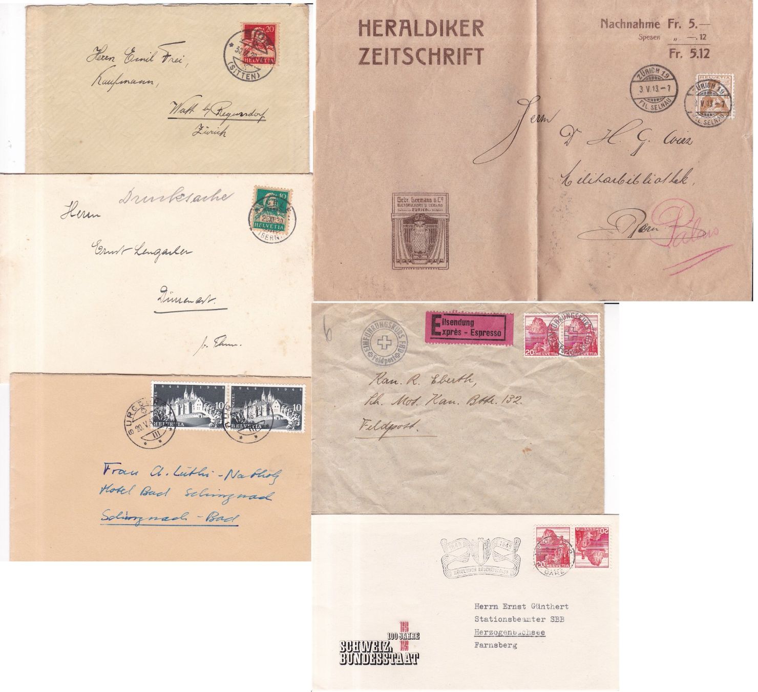 Alle Briefmarken: 65 Stk. Alte CH Briefe, Postkarten, Belege – Gebraucht aus Münchwilen AG von Nesar