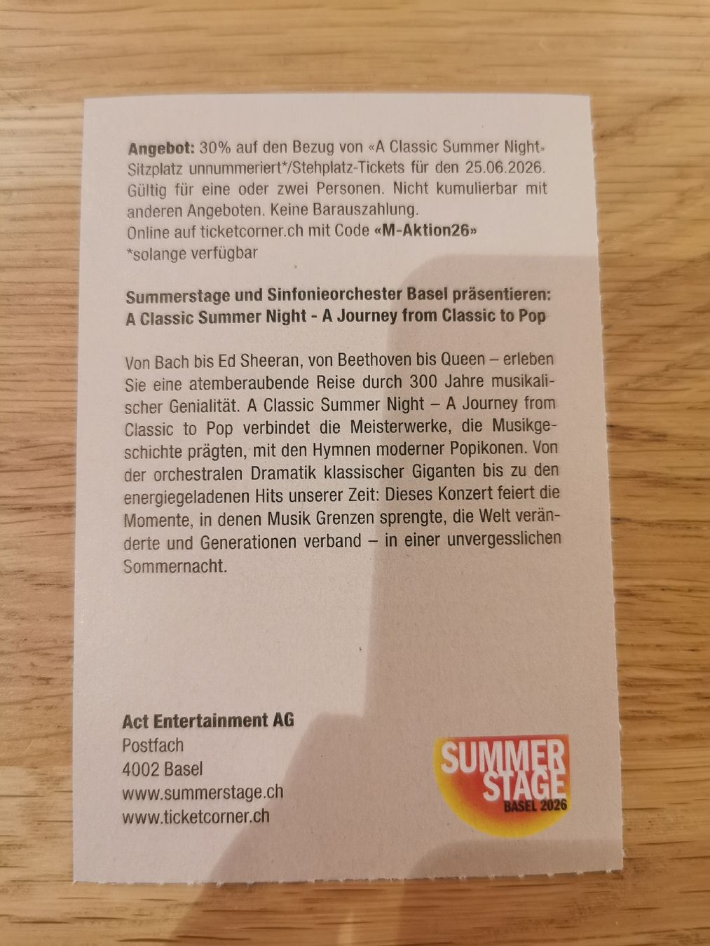 Biglietti: Summerstage Basel Ticket - A Classic Summer Night! – Nuovo (secondo la descrizione) da Arisdorf venduto da RiversunElite 1