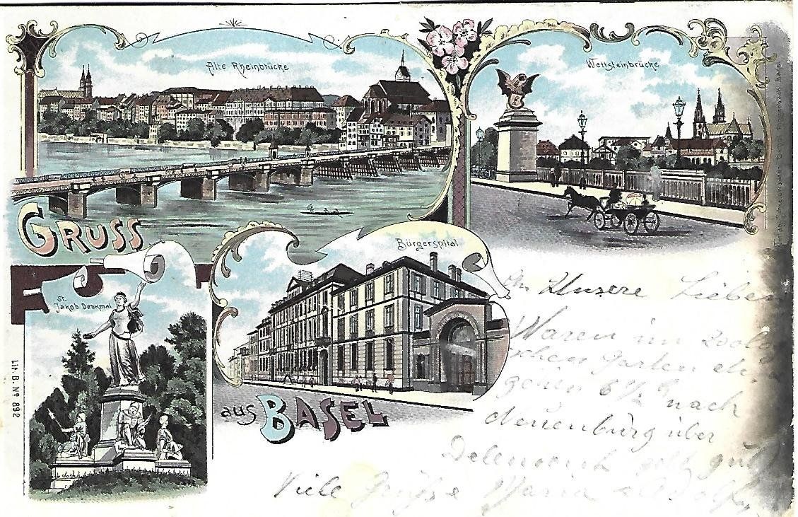 Cartoline postali: Gruss aus Basel 4-Bild Litho – Usato da Wetzikon ZH venduto da Brulu100