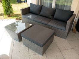 Gartenloungeset Polyrattan grau 3-teilig mit Kissen