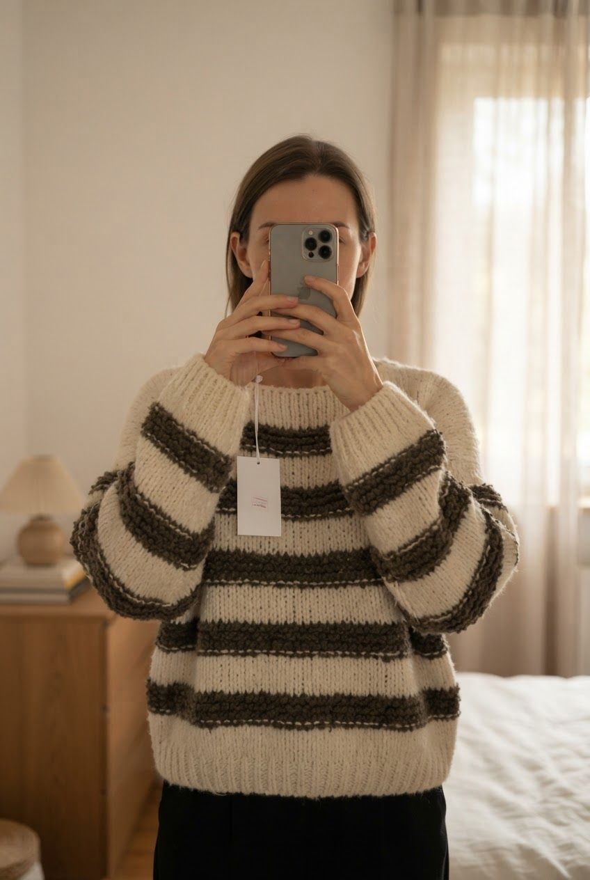 Pullover & Sweatshirts: Creme Bouclé Oversize Pullover Streifen – Neu (gemäss Beschreibung) aus Winterthur von Winnia