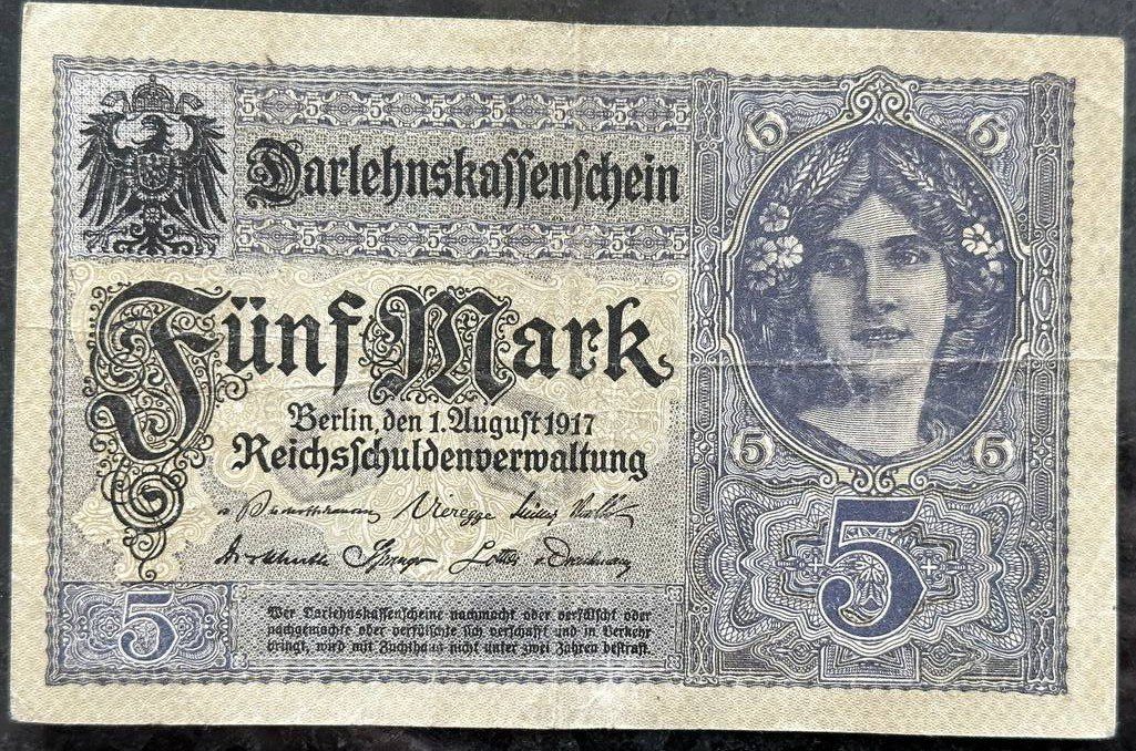 Banconote: Alte 5 Mark Banknote, Darlehenskassenschein, 1917 – Usato da Beringen venduto da Mantafisch1