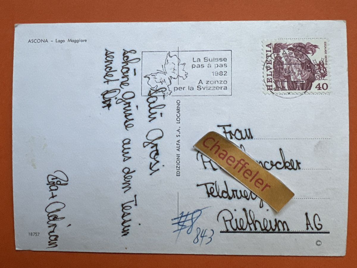 Cartoline postali: 1982 Ascona - Lago Maggiore – Usato da Zürich venduto da Chaeffeler 1