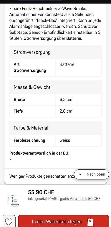Alarmanlagen: Fibaro Smoke Sensor – Gebraucht aus Alpnachstad von Hz11