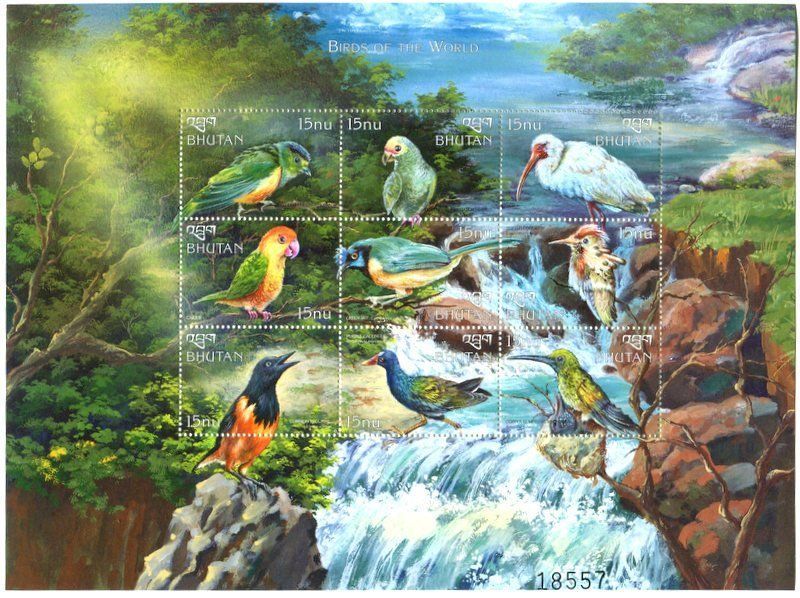 Alle Briefmarken: Block "Vögel". Bhutan. – Neu und originalverpackt aus Basel von Butsch5