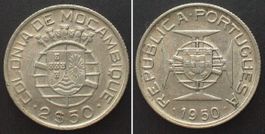 PORTUGIESISCH MOSAMBIK. 2 1/2 Escudos 1950, Silber unz-
