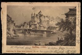 Künstler-AK Aarburg, Ortsansicht mit Schloss vom Wasser aus 