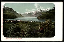 AK Brunnen, Ortsansicht mit den Alpen