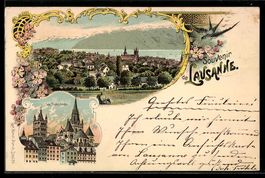 Lithographie Lausanne, Gesamtansicht, La Cathedrale