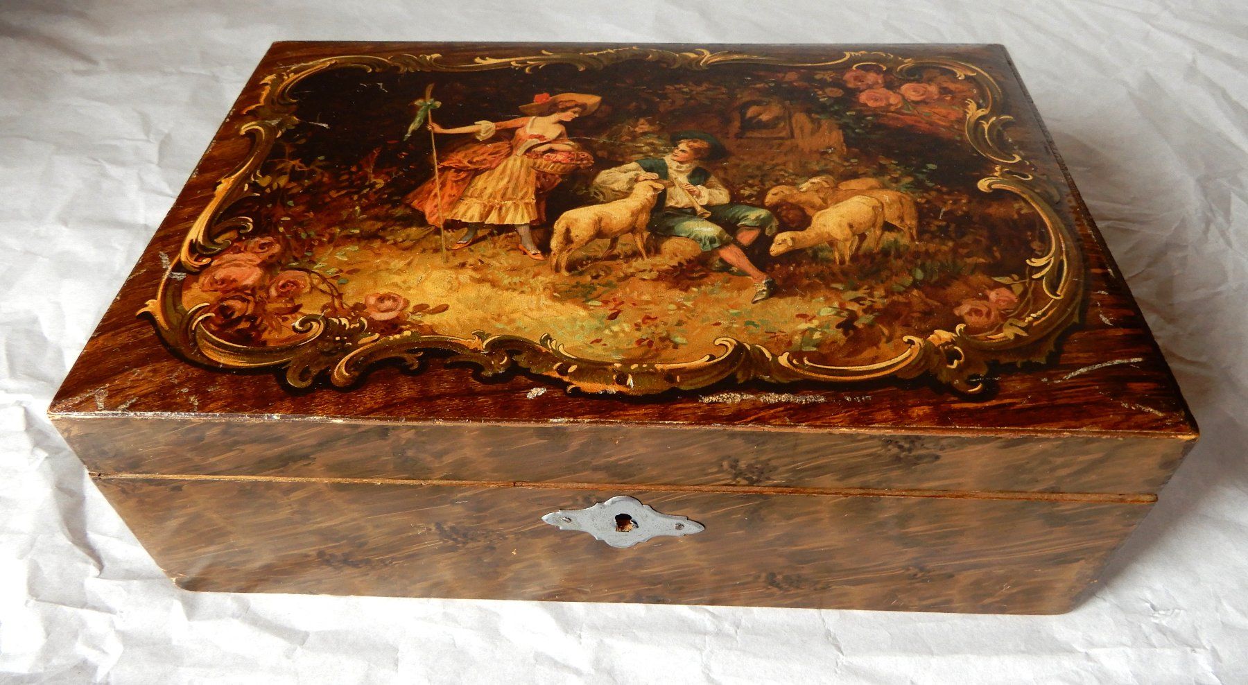 Barattoli: Antike Schmuckschatulle, Holz, Bild Schäferidyll. Schloss – Usato da Senèdes venduto da tintinette43 2