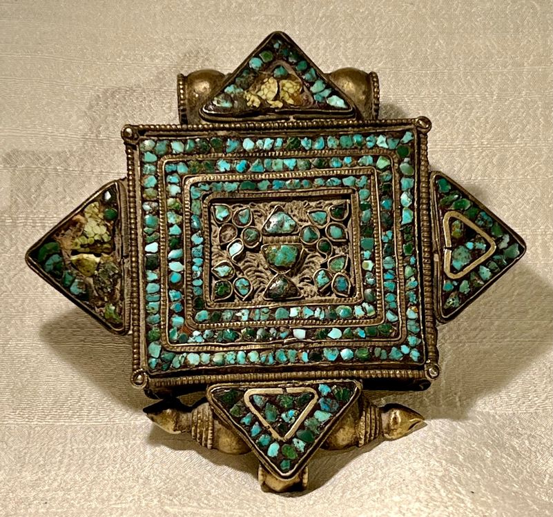 Collier Vintage Tibétain Argenté Avec Flacon à Parfum Et Perles Turquoise - Longueur 71-80 Cm, Style Ethnique