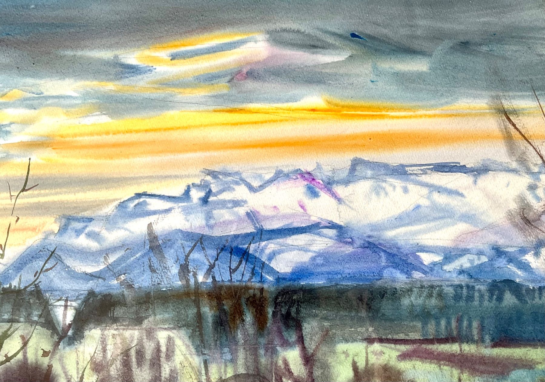 Dipinti: F. M. Brütschlin, Gemälde, Berge mit Abendrot – Usato da Olten venduto da peterblau 2