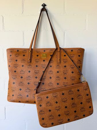 MCM Visetos Medium Anya Top Zip Shopper Tote Set in Cognac