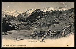 AK Realp, Furkastrasse, Kirche mit Bergpanorama