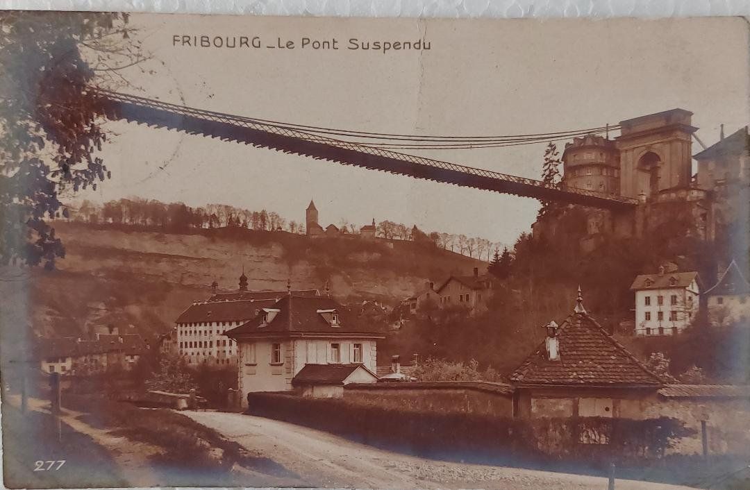 Cartoline postali: FRIBOURG -  Le Pont suspendu  -  1912 – Usato da Delémont venduto da Domdom1