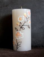 KERZE / Stumpenkerze Blüten & Glitzer handbemalt  15 cm  Neu