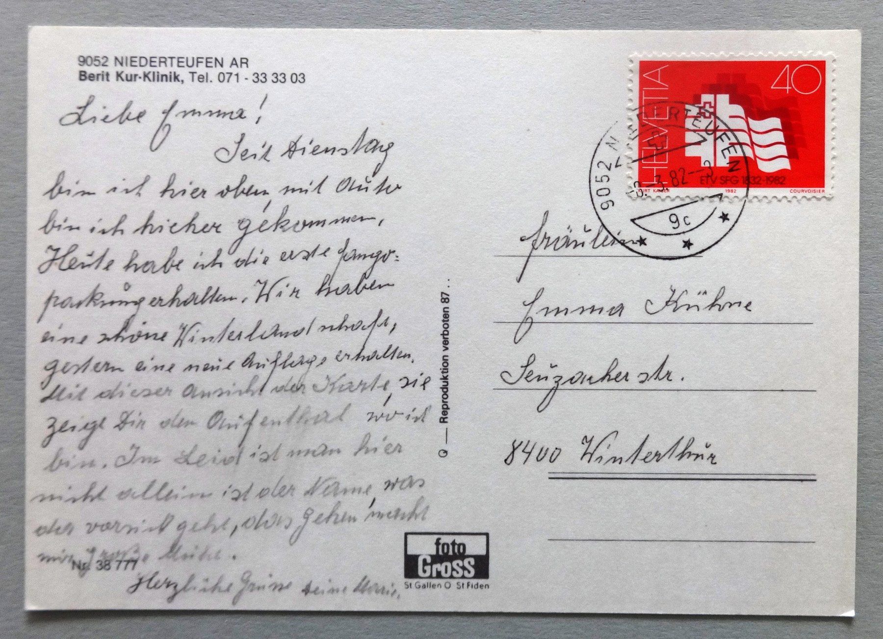 Cartoline postali: Berit Kur-Klinik, Niederteufen AR – Usato da Fétigny venduto da Billy2miny 1