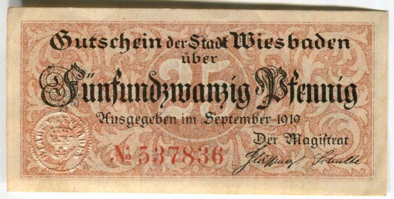 Banconote: Notgeld "25 Pfennig. Wiesbaden 1919" – Usato da Basel venduto da Butsch5 1
