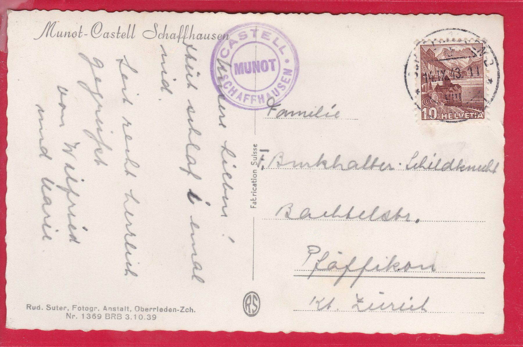 Cartoline postali: SCHAFFHAUSEN, RHEINBRÜCKE MIT MUNOT, 14.9.1943 – Usato da Oberrieden venduto da Gebirgsstelze 1