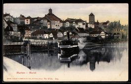 AK Murten, Ortsansicht mit Dampferanlegestelle
