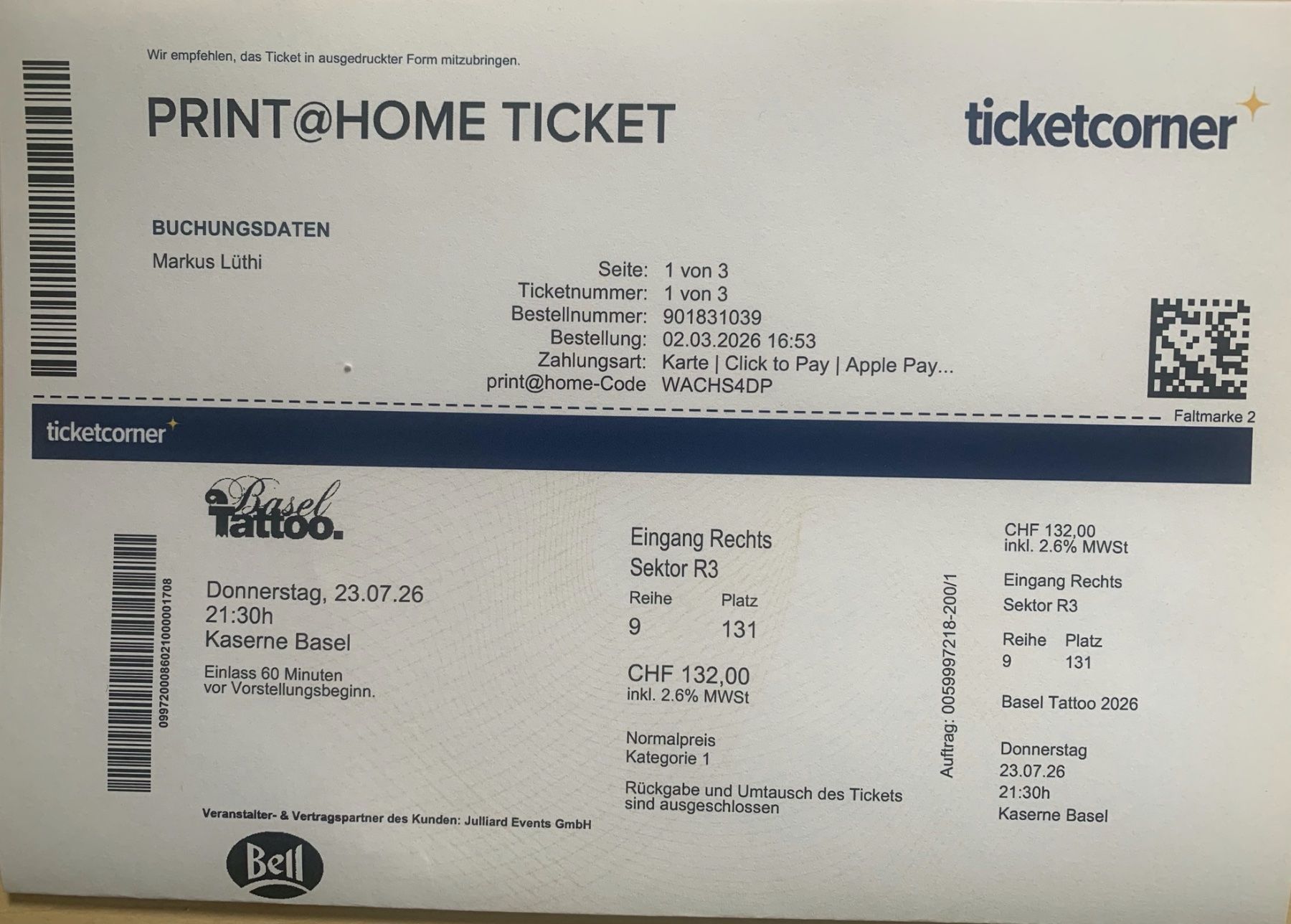 Biglietti: Ticket Basel Tatoo – Nuovo e nell'imballaggio originale da Nenzlingen venduto da markus1403