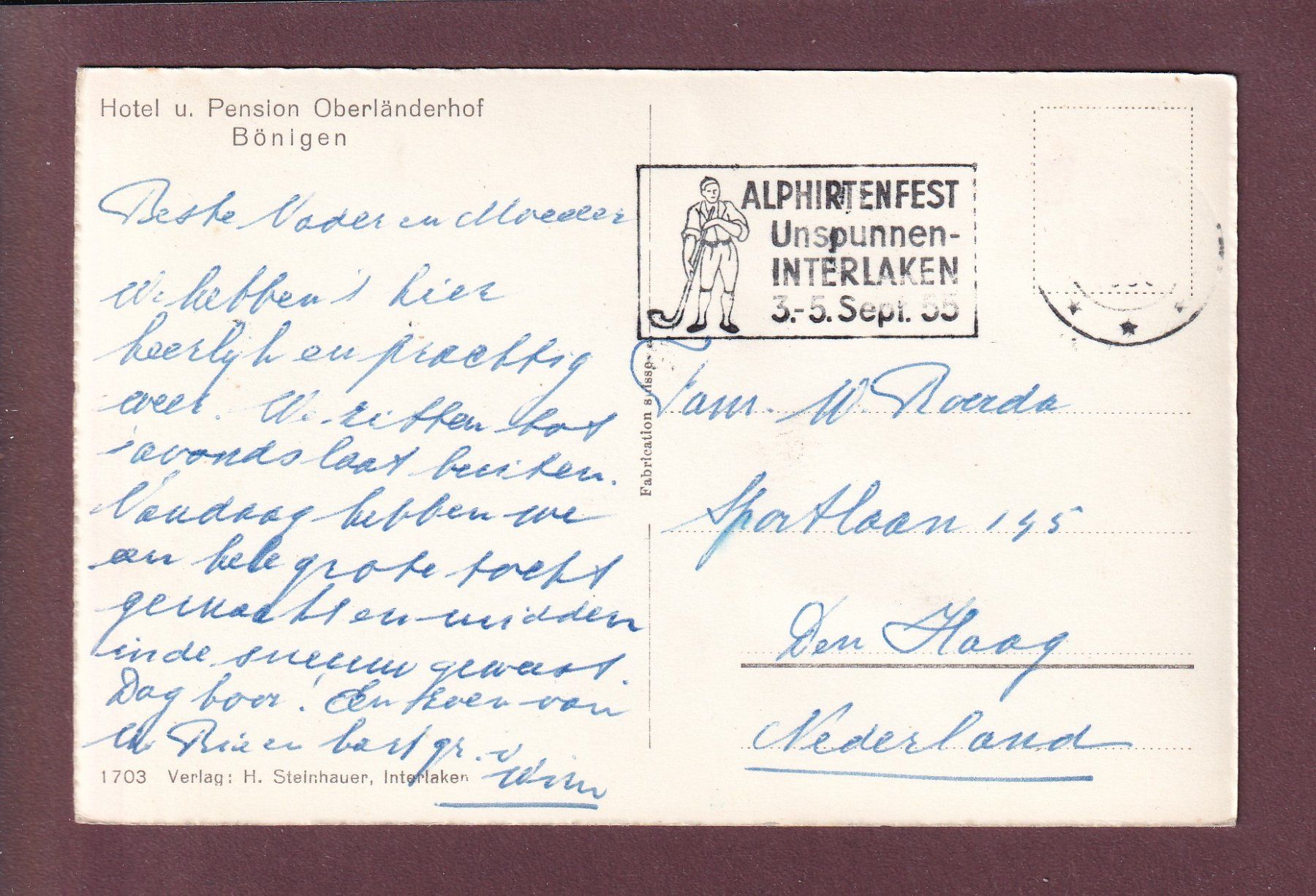 Cartoline postali: BÖNIGEN - Hotel Oberländerhof - 1955 – Usato da Pully venduto da nicecards 1