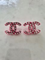 Chanel earrings red CC logo studs with rhinestones