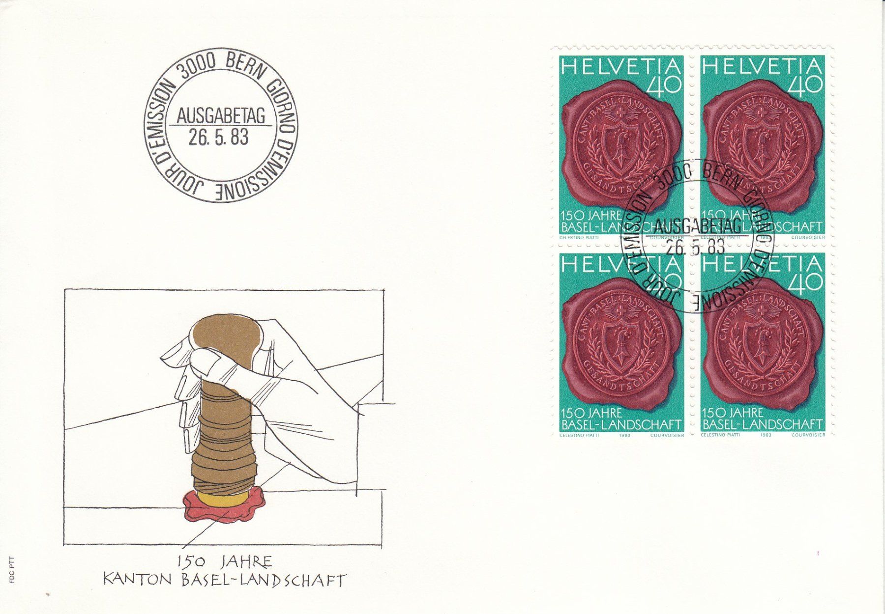 Alle Briefmarken: 1981 2 FDC 150 Jahre Kanton Basel Landschaft 1 x Viererblock – Gebraucht aus Spreitenbach von Mustang_1105