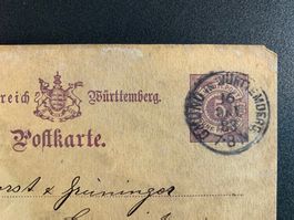 Postkarte Königreich Württemberg,  1883 Rarität