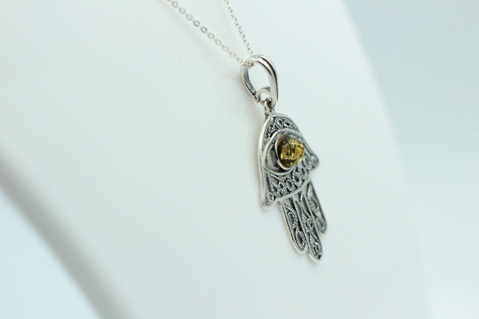 Ciondoli: Bernstein Hand der Fatima 925 Silber Collier Kette Bernstein – Nuovo e nell'imballaggio originale da Heiligkreuzsteinach venduto da schmucktime 3