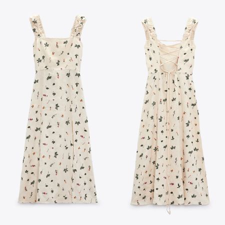 Damen Leinenkleid mit Blumenstickereien in Beige