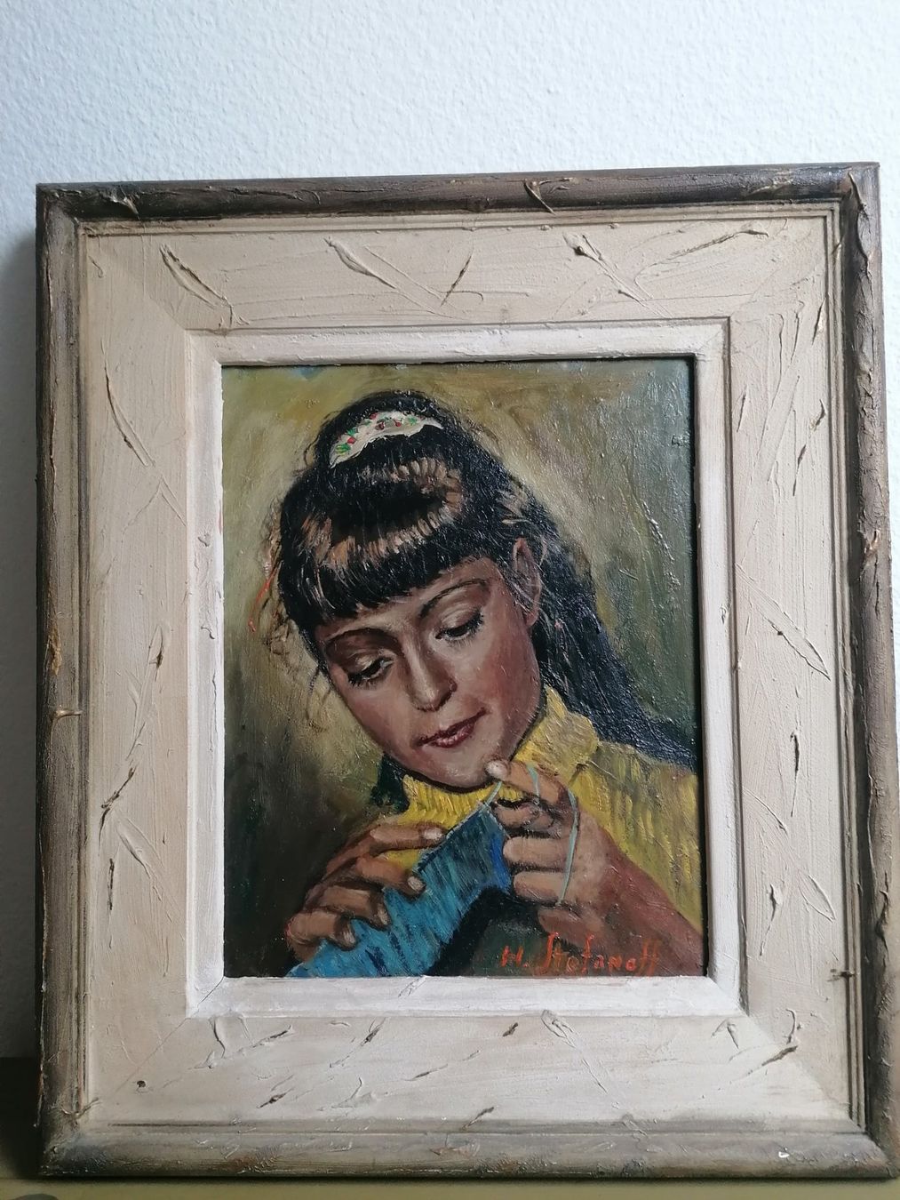 Dipinti: Oelbild Strickendes Mädchen – Usato da Regensberg venduto da rasteli 2