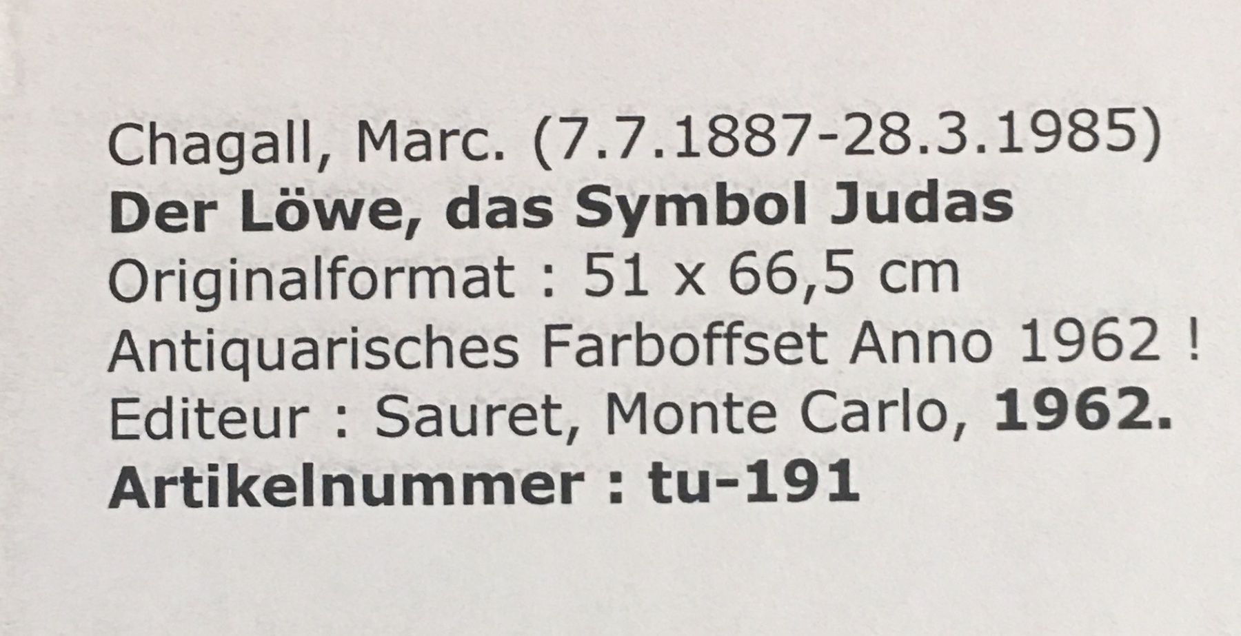Grafiken & Lithographien: Marc Chagall    "Der Löwe, das Symbol Judas" FARBOFFSET – Gebraucht aus Nennigkofen von waltraub 2