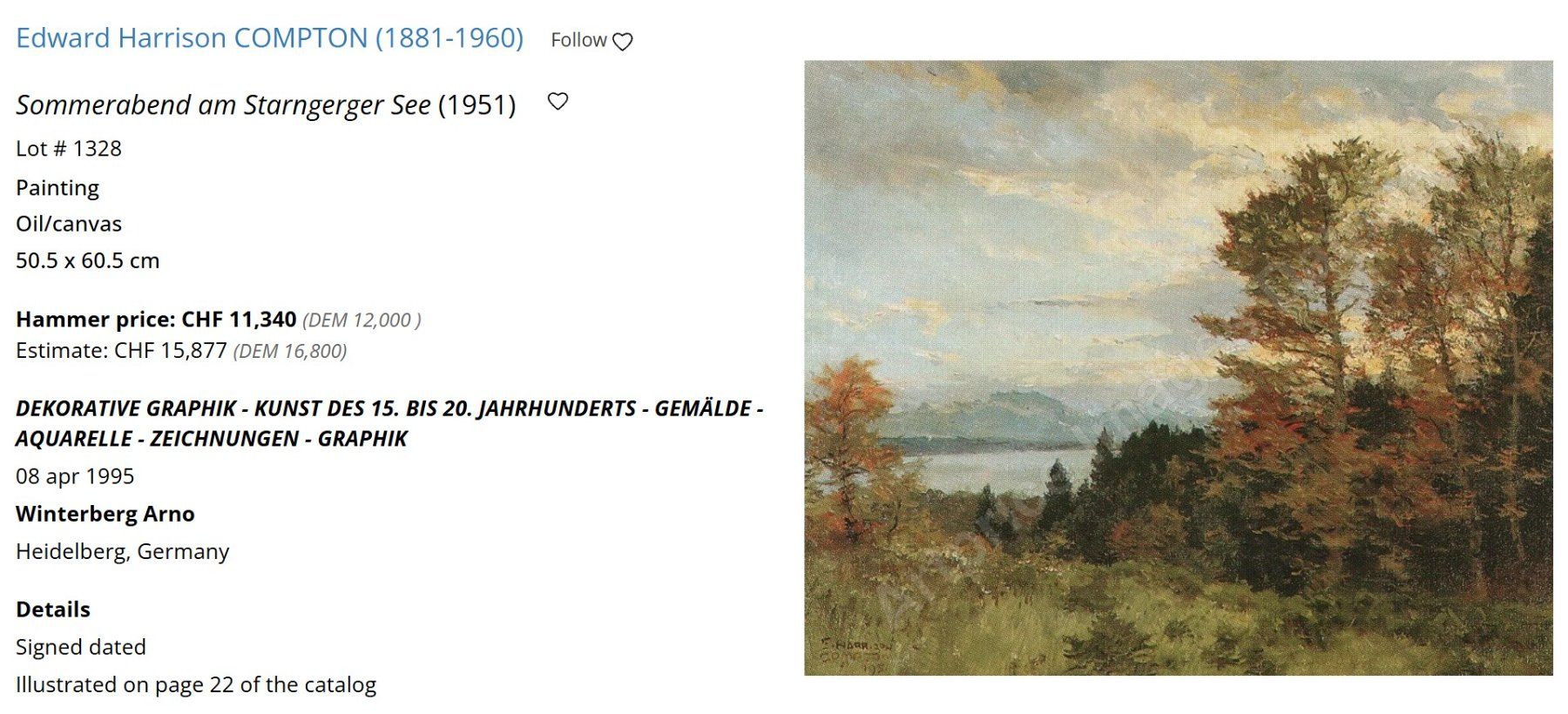 Tableaux: Edward Harrison Compton: Herbstabend am Starnberger See – D'occasion à Meilen par Anonymous3 6