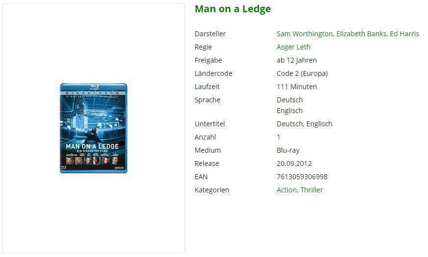 Tutti i DVDs: Man on a Ledge (Blu-Ray) – Usato da Buchrain venduto da Sssschaller