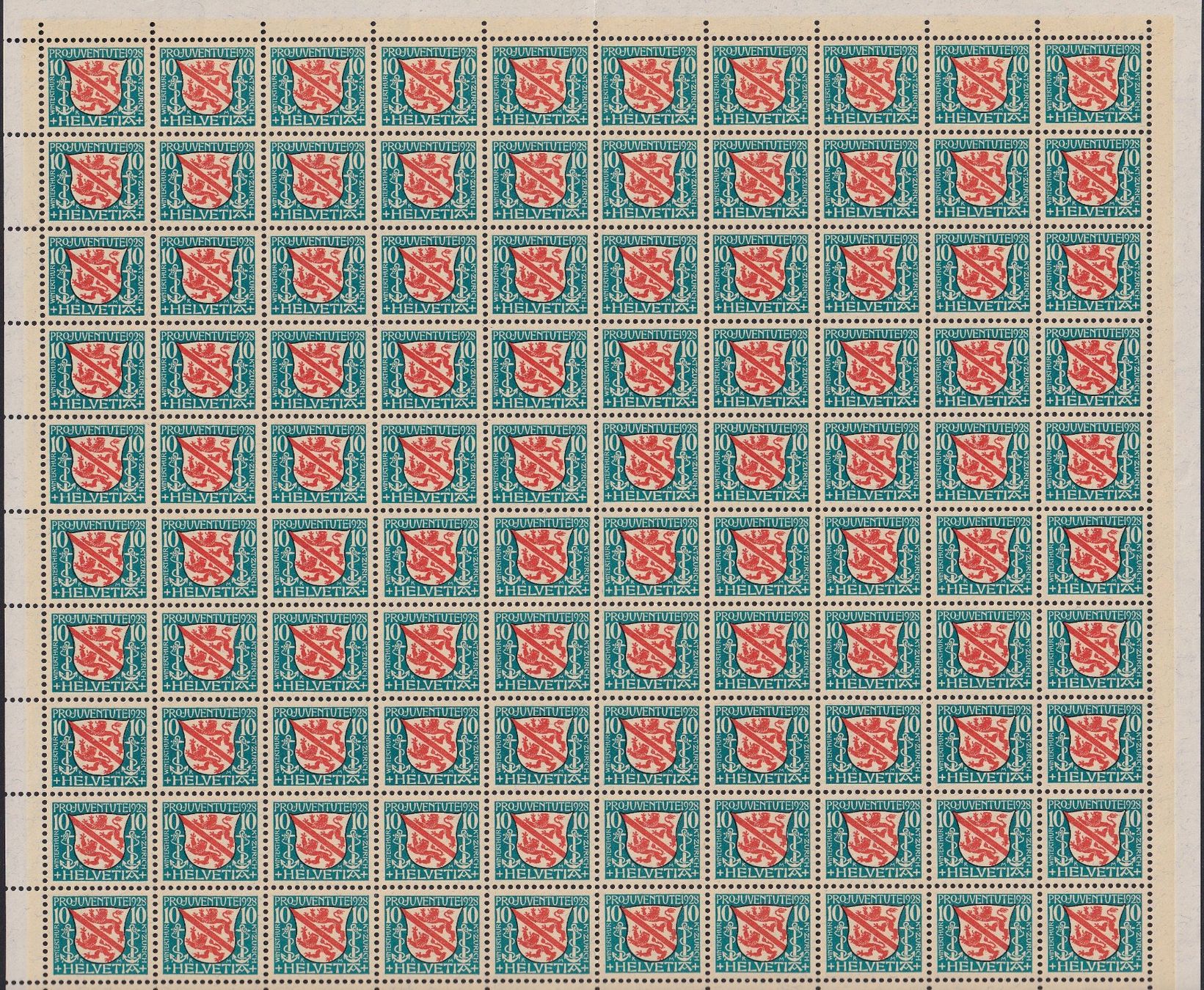 Tutti i francobolli: 1928, J46 (Winterthur) kompl. 100er Bogen postfr. **, 100.-+ – Usato da Sursee venduto da Luzernerraute