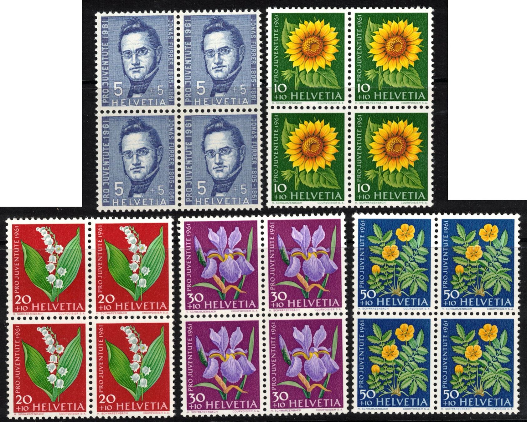 Tous les timbres: 1961  4 Block  Pro Juventute    postfrisch   SBK 20.00 – Neuf (Voir description) à Mellingen par Ginger