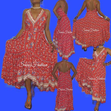Sommer Hippie Boho Ethno Floral Maxikleid Strandkleid XS-L