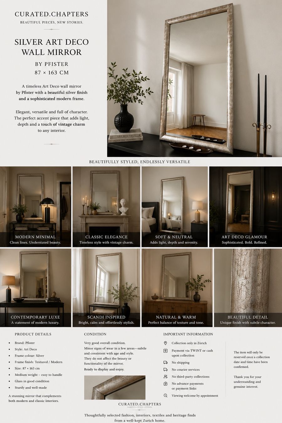 Pfister Miroirs: Large Silver Statement Mirror | Contemporary • Art Deco • – D'occasion à Zürich par Curated.Chapters